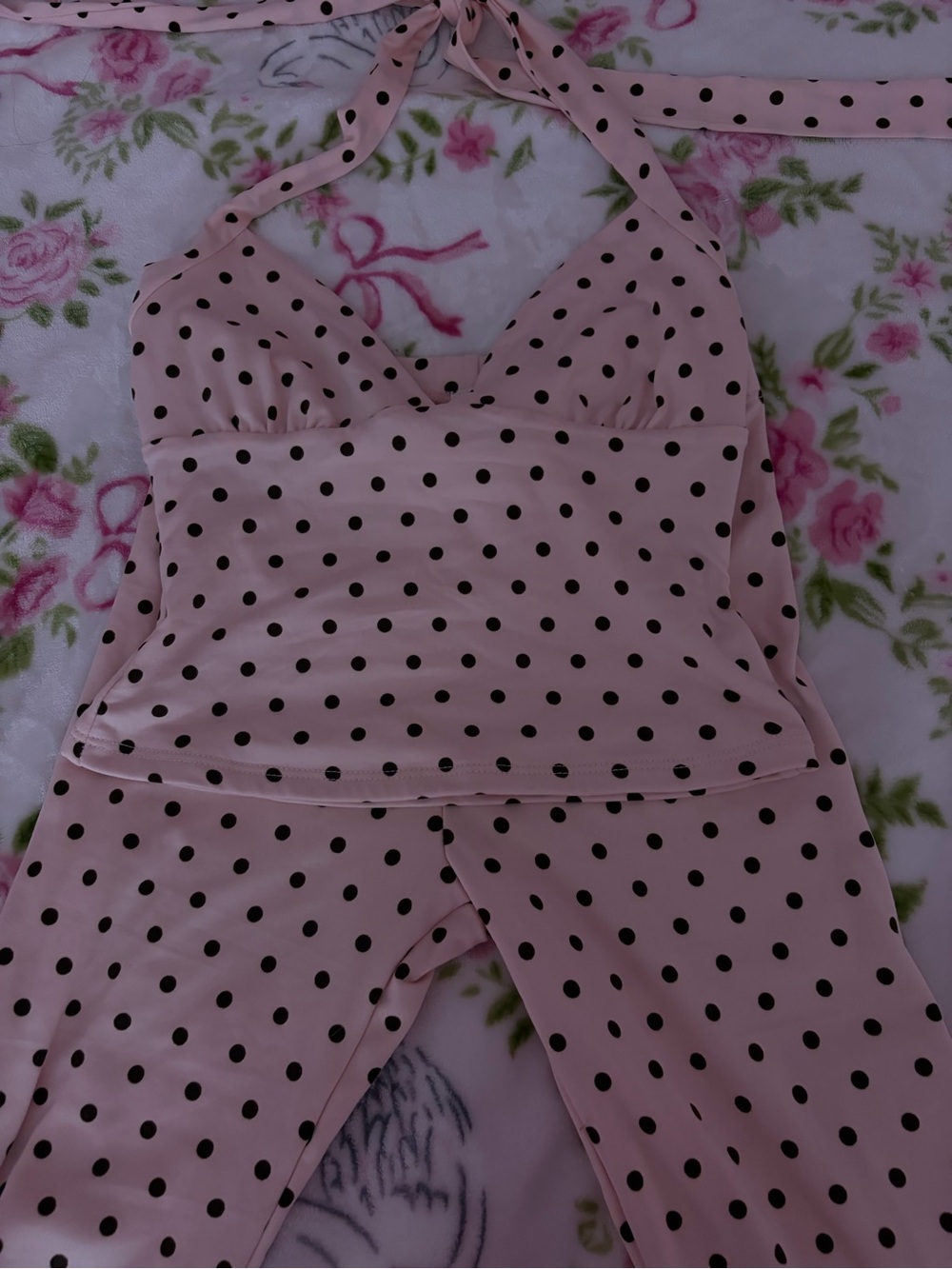 Fashion Nova Pink & Black Polka Dot Halter Pajama Set